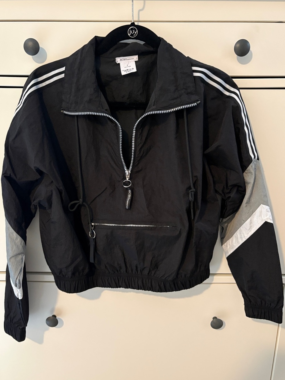 BCBGeneration Black Bomber Pullover Jacket with White Stripes